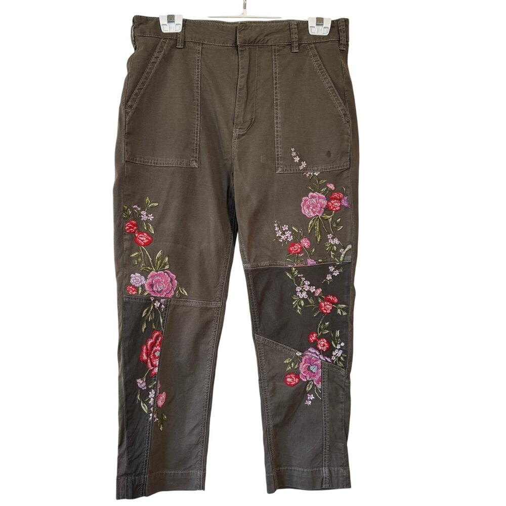Anthropologie Floral Embroidered Utility Pants Size 30 Olive Green Cotton Linen - Picture 4 of 16